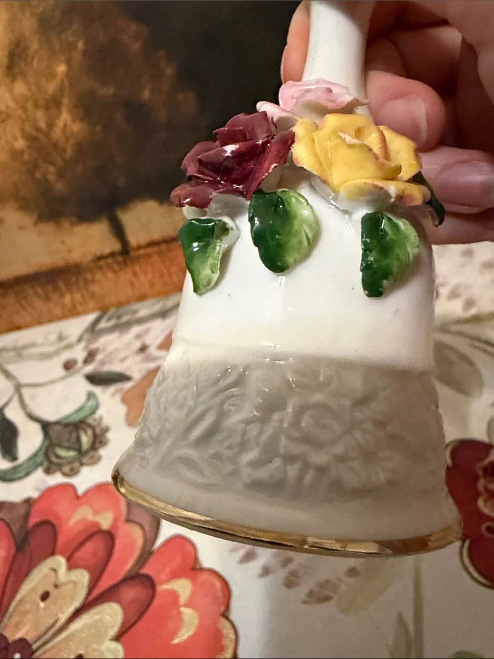 Porcelain Floral Bell - White with Pink, Burgundy & Yellow Roses
